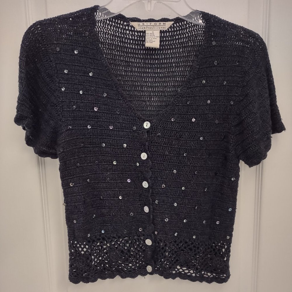 Knit & crochet cropped button down cardigan. Dk navy. EUC